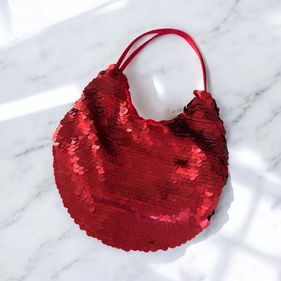 ZARA Red Sequined Hobo Small Lined Cocktail Bag - Picture 1 of 9